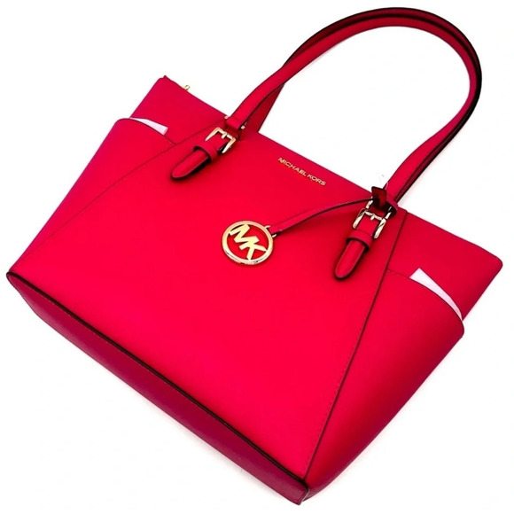 Michael Kors Large Charlotte Tote Bag Luggage Leather Electric Pink - Picture 6 of 12